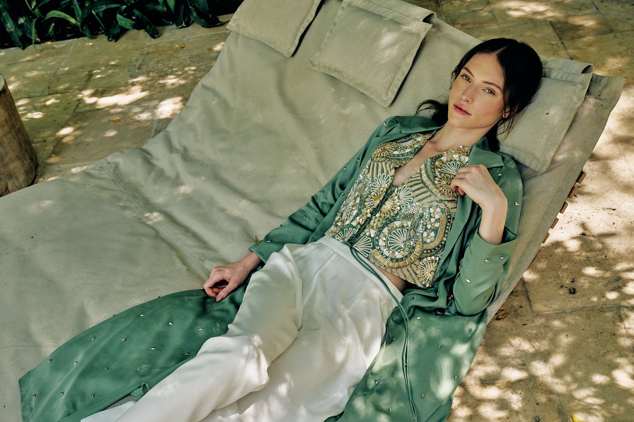 Green Embroidered Criss Cross Tie Up Top