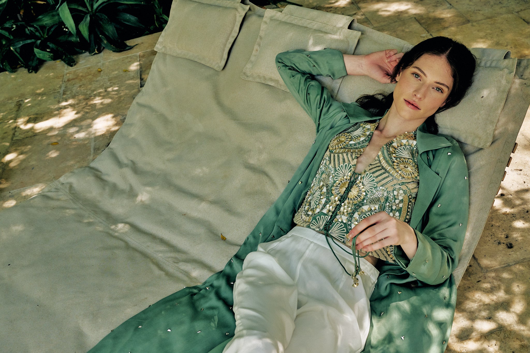 Green Embroidered Criss Cross Tie Up Top
