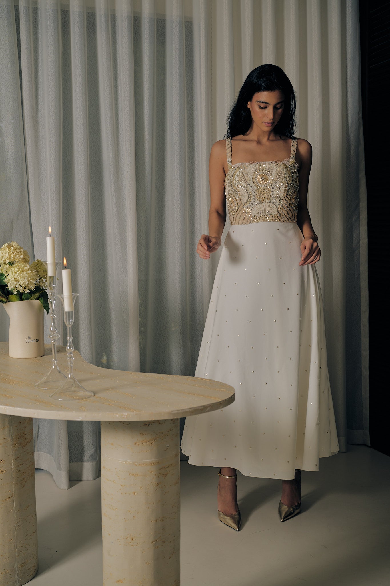 Formal Ivory Dress With Abstract Embroidery And Lace Detailing