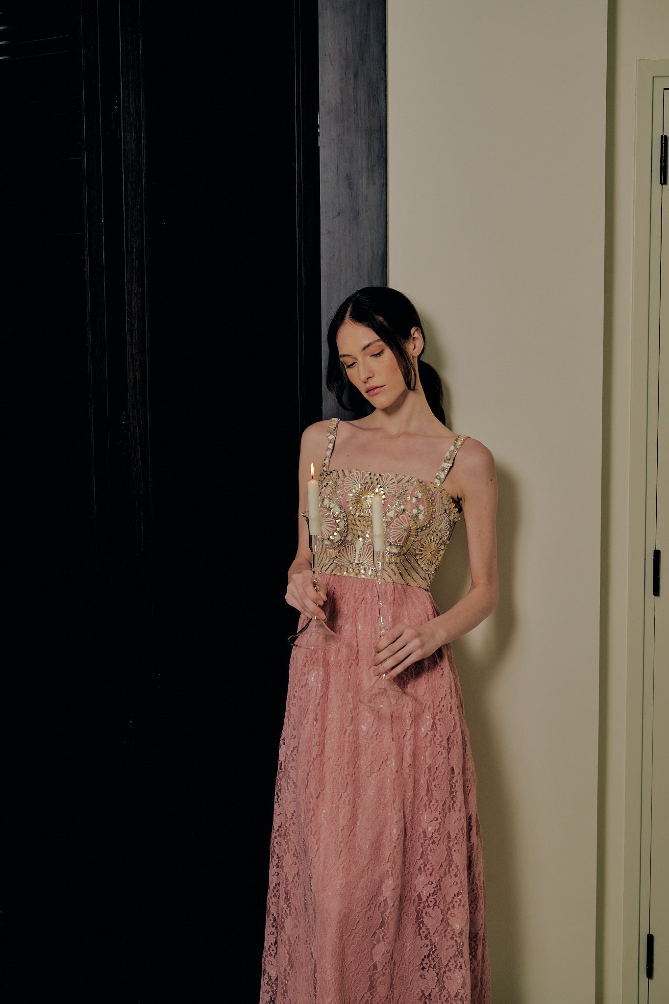 Formal Pink Dress With Abstract Embroidery And Lace Detailing
