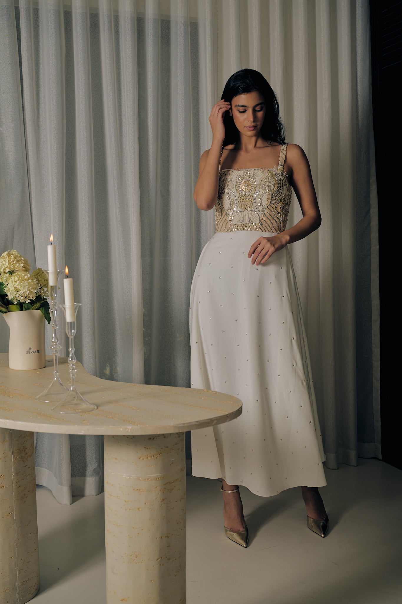 Formal Ivory Dress With Abstract Embroidery And Lace Detailing