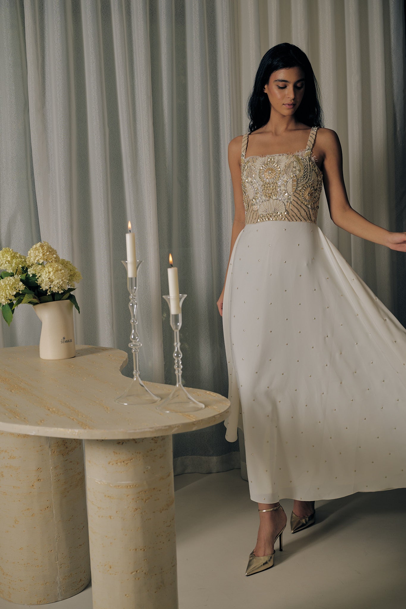 Formal Ivory Dress With Abstract Embroidery And Lace Detailing