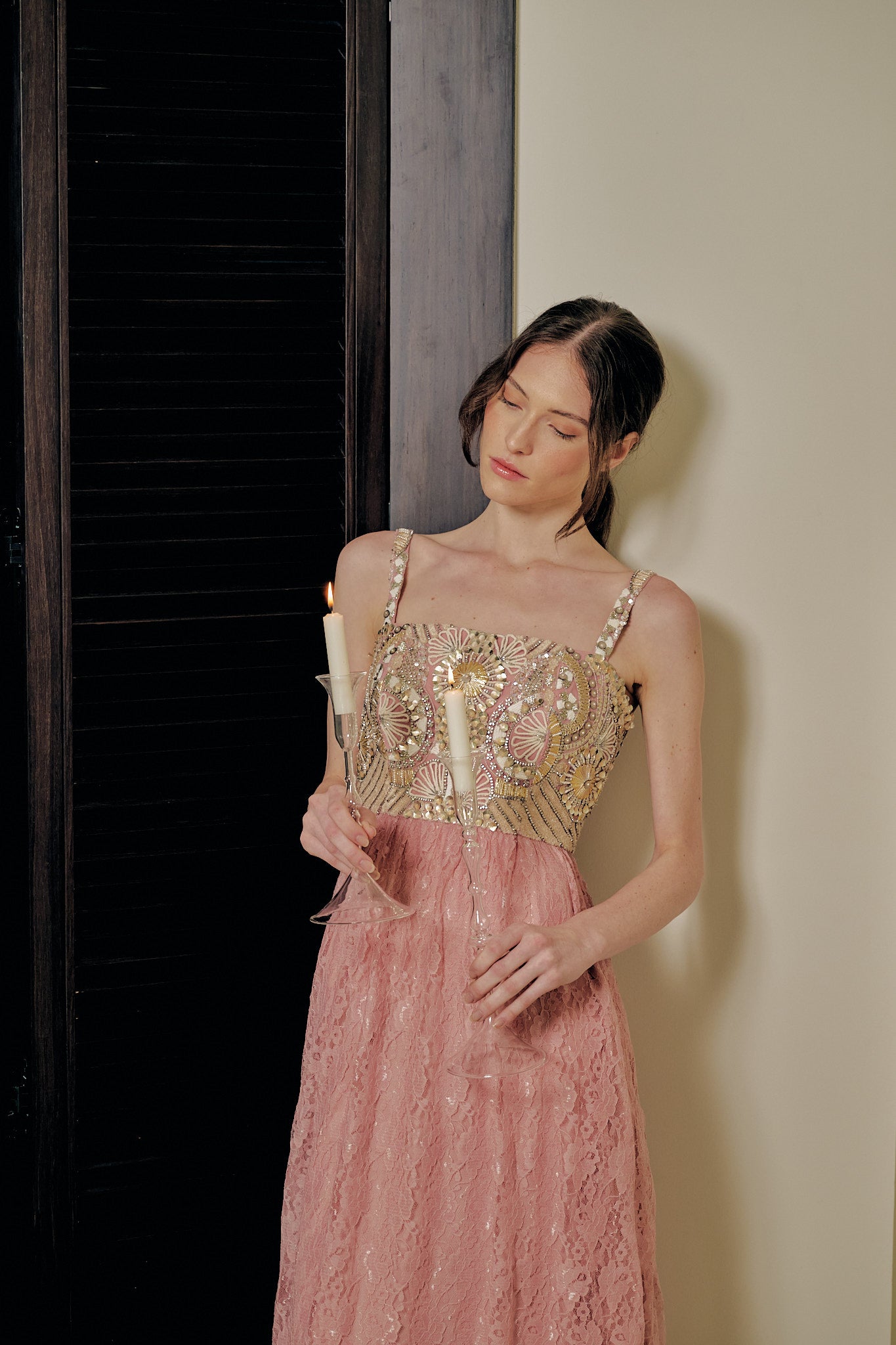 Formal Pink Dress With Abstract Embroidery And Lace Detailing
