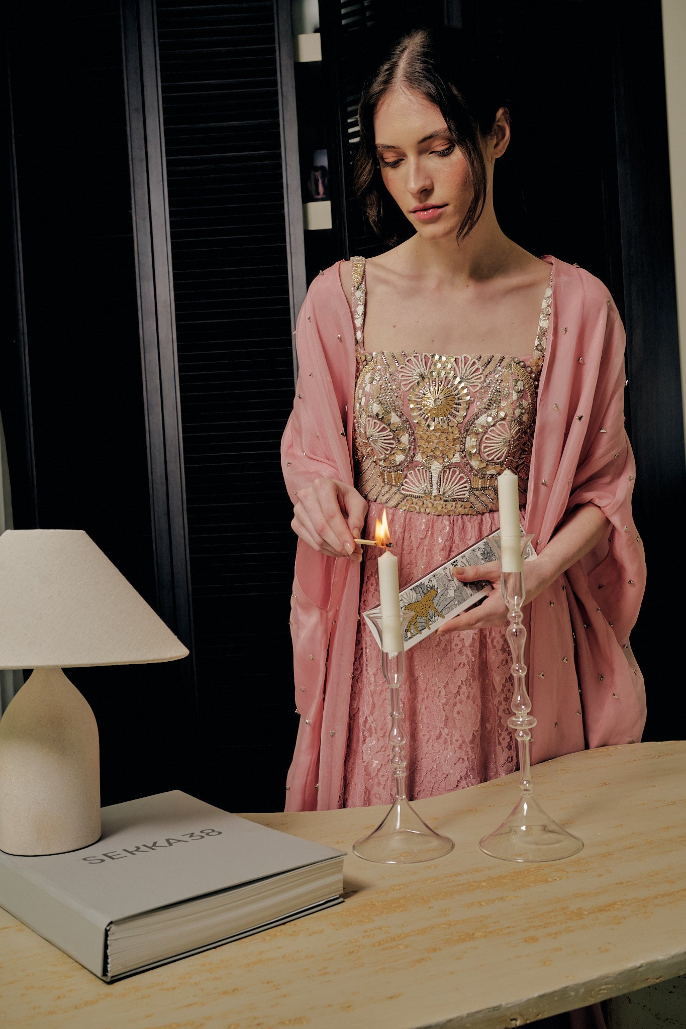 Formal Pink Dress With Abstract Embroidery And Lace Detailing