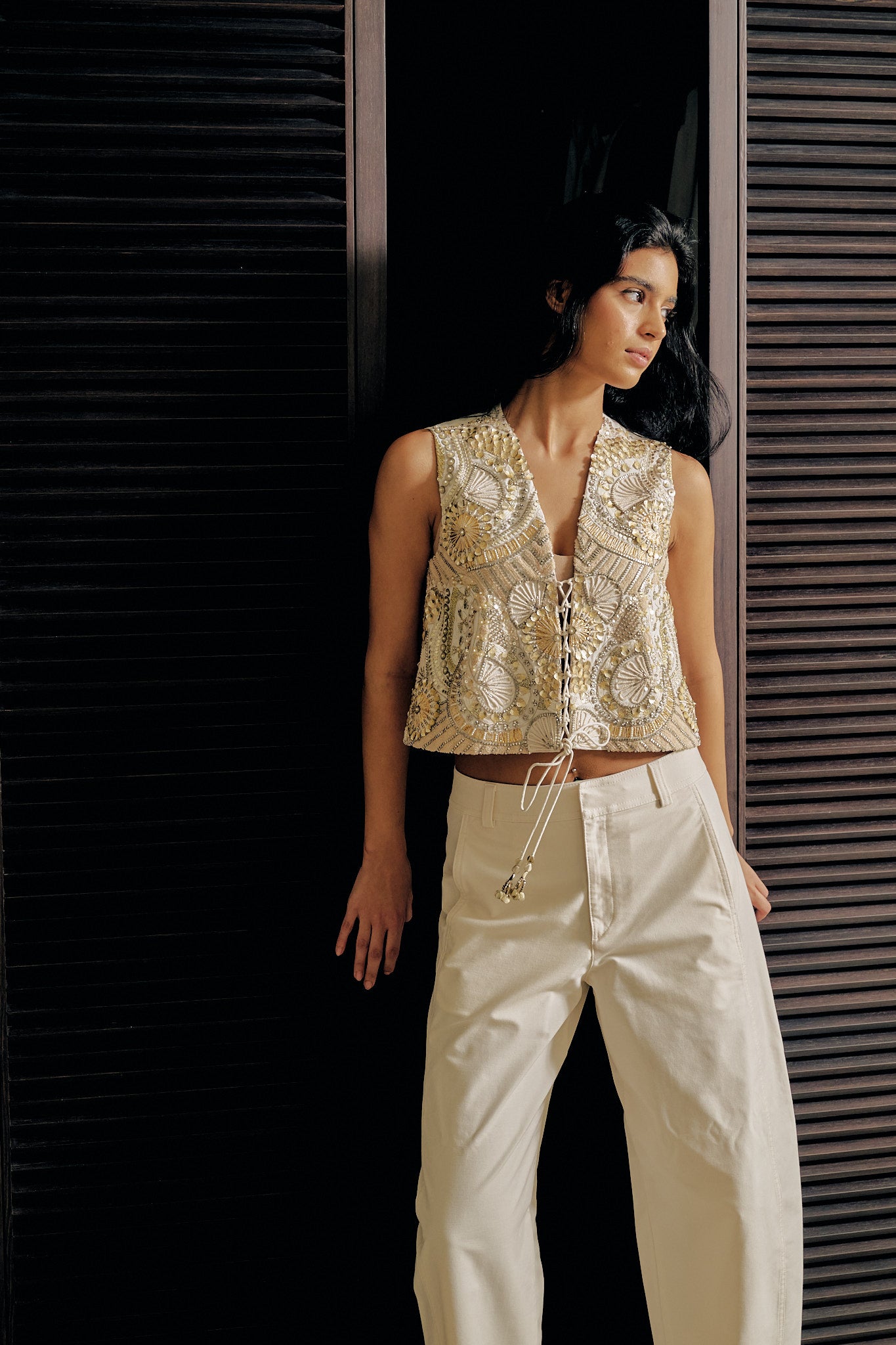 Ivory Embroidered Criss Cross Tie Up Top